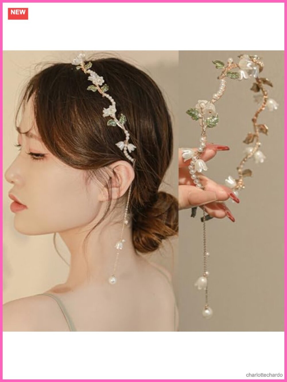 Gold Leaf Pearl Tassel Headband Wedding Bridal Hair Accessory